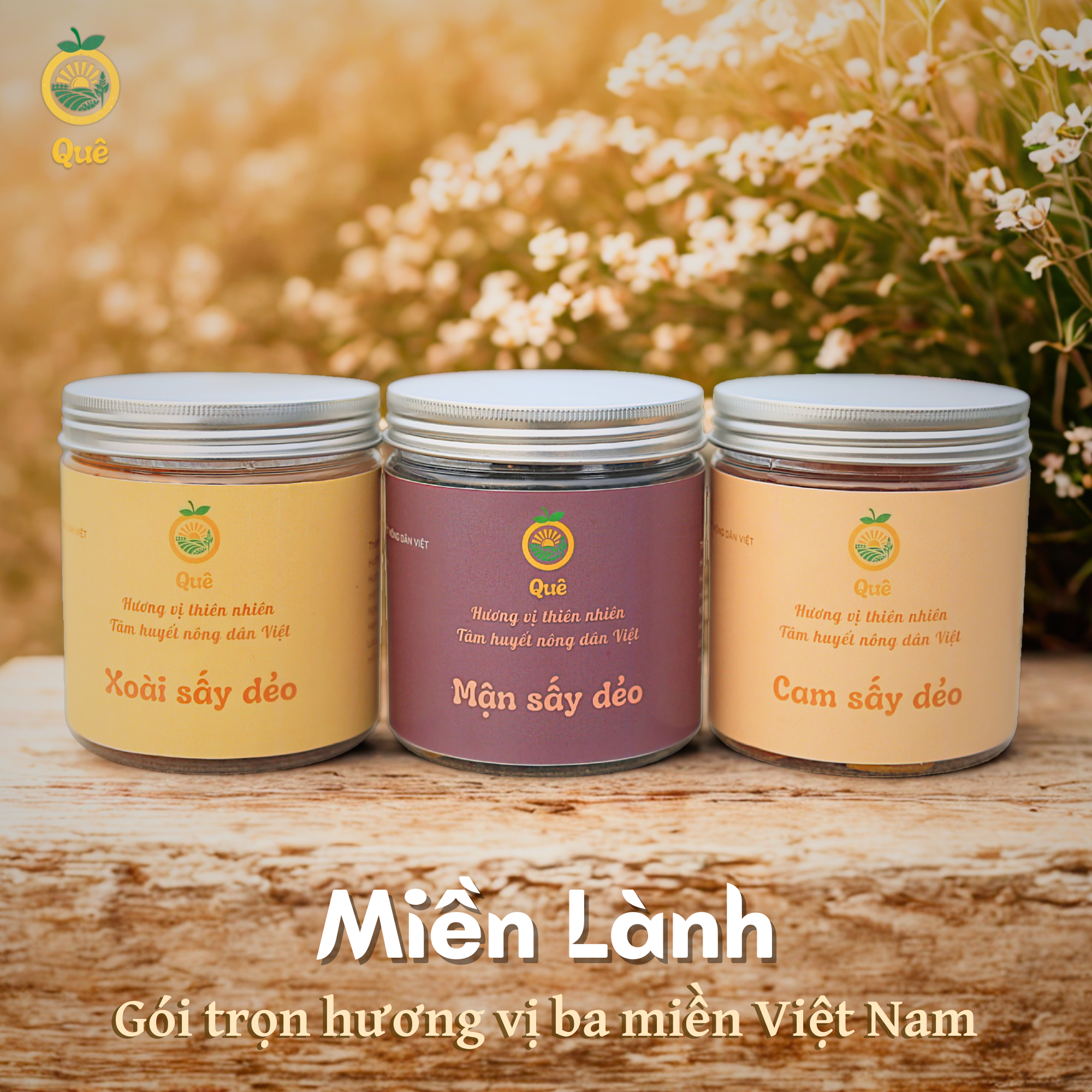 Hình ảnh ba hũ trái cây sấy dẻo của thương hiệu Quê gồm xoài sấy dẻo, mận sấy dẻo và cam sấy dẻo, với nhãn hiệu có logo trái cây và dòng chữ 'Hương vị thiên nhiên, Tâm huyết nông dân Việt'