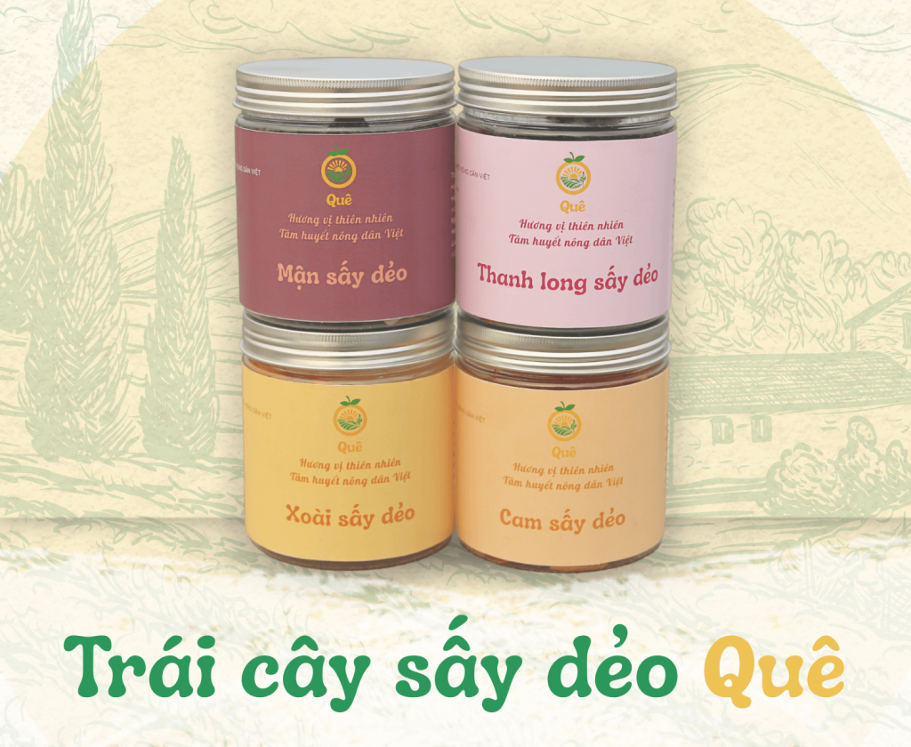 Bốn hũ trái cây sấy dẻo Mận, Thanh long, Xoài, Cam thương hiệu Quê